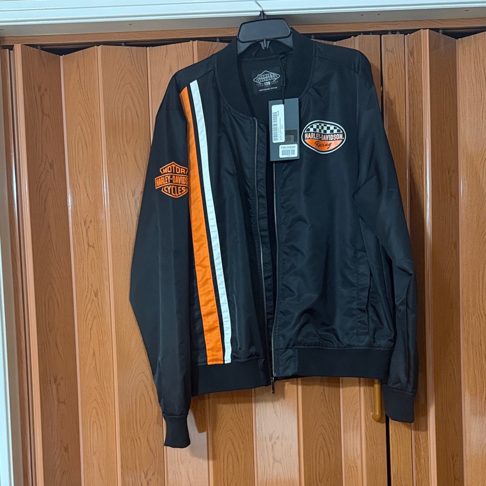 Harley-Davidson 120th Anniversary Black Bomber Jacket Orange and White Accents